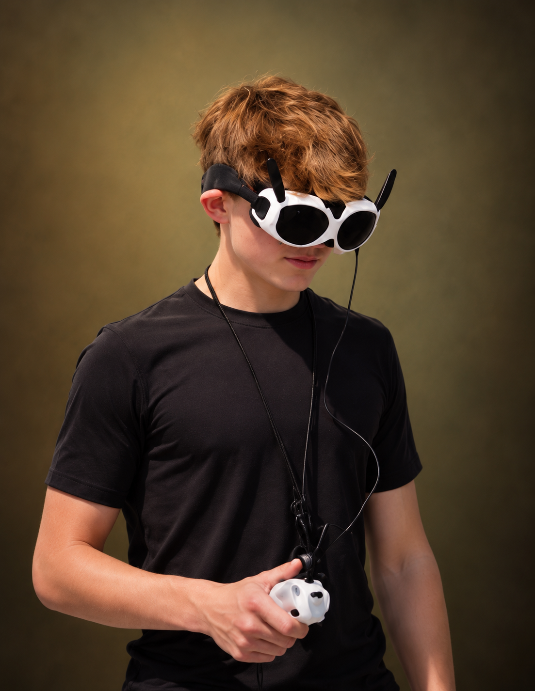 Coltan Long wearing FPV goggles and holding a drone controller